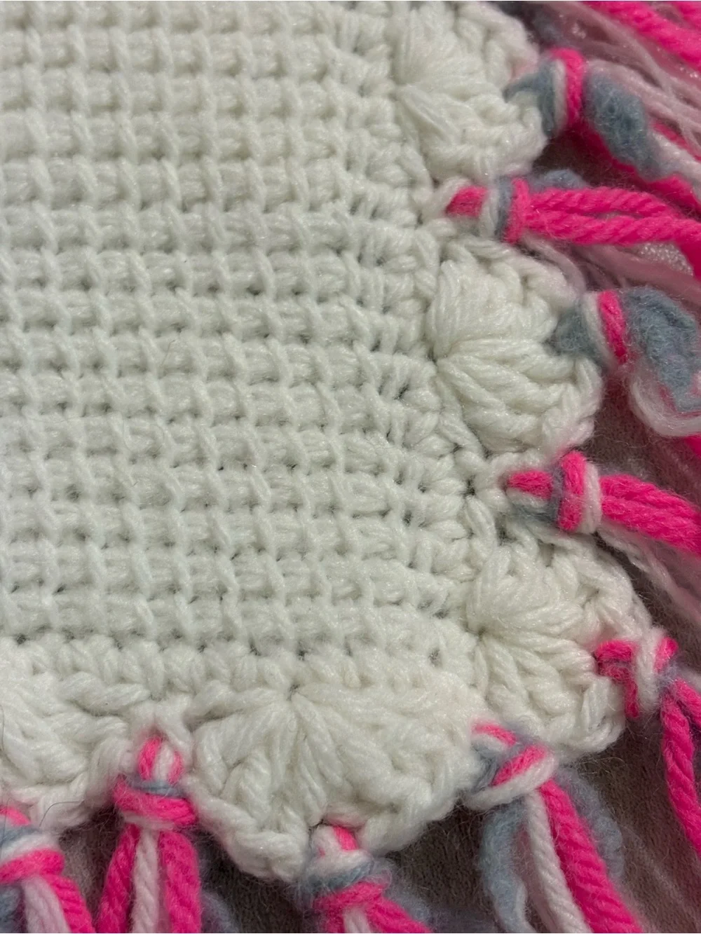 Vintage Handmade Crochet Baby Blanket Elephant Pink Gray Fringe 30x35 Retro